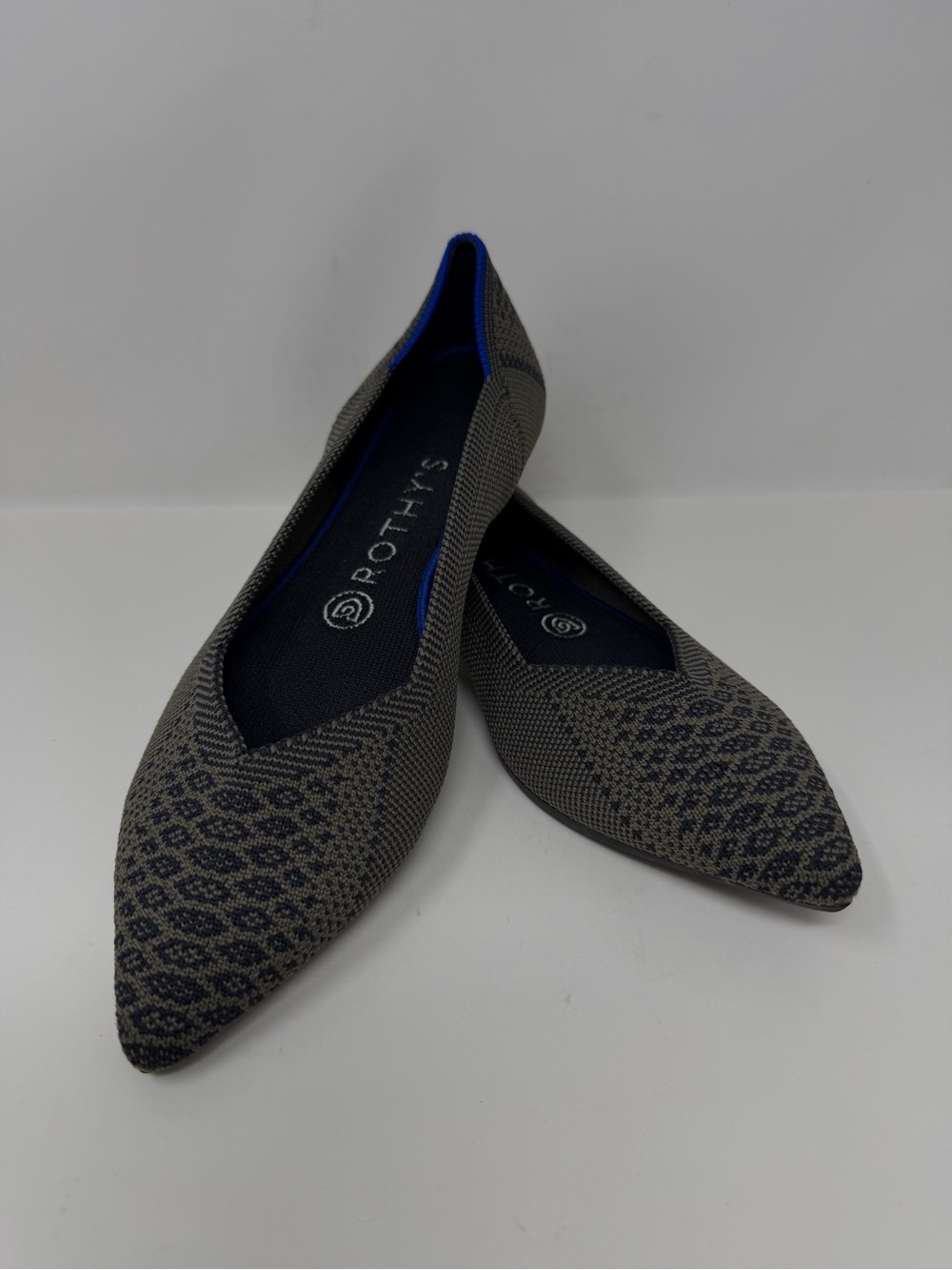 Rothy's Pointed Knit Flats in Navy and Taupe Pattern